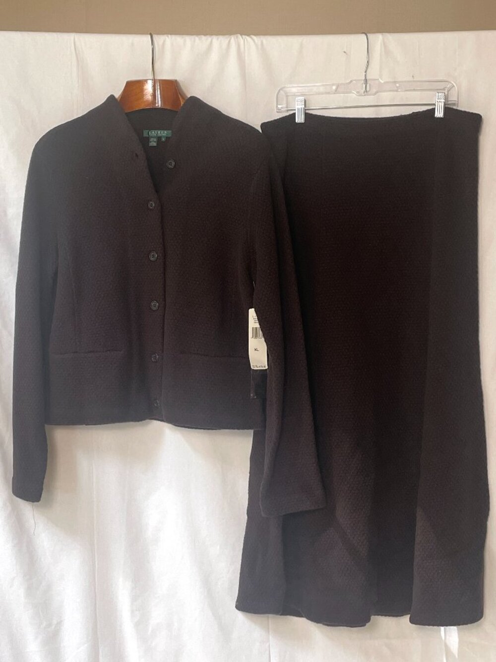 NWT Lauren Ralph Lauren 2-Piece Knit Skirt & Cardigan Set Brown XL/L